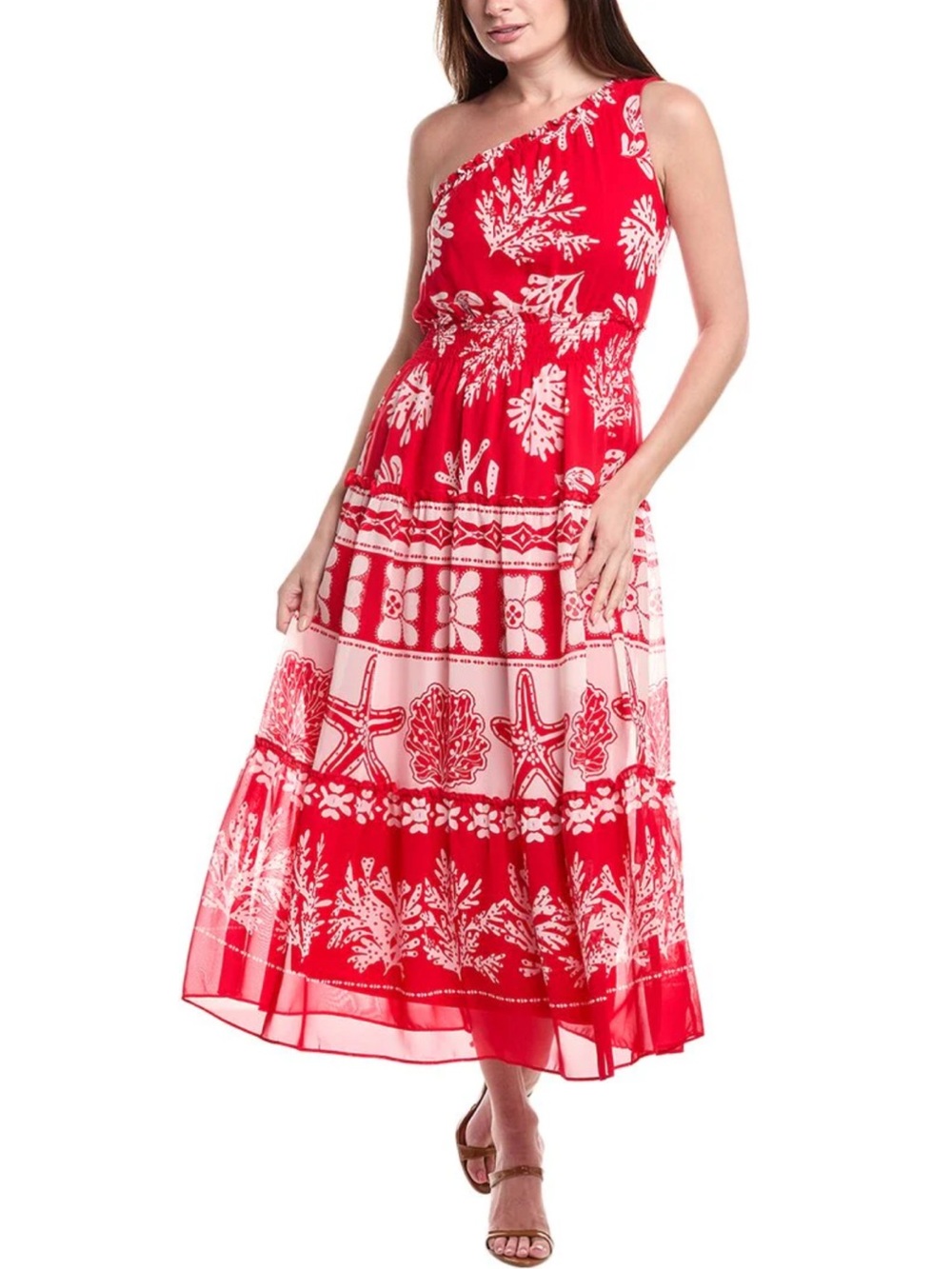 TAYLOR Red & White One-Shoulder Printed Tiered Maxi Dress Size 2 NWOT